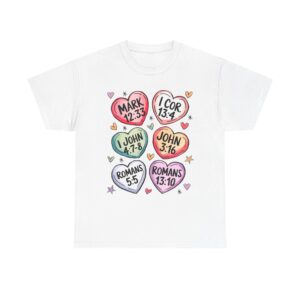 Christian Scripture Hearts T-Shirt - Pastel Bible Verse Design (John 3:16, Romans 5:5, Mark 12:33)